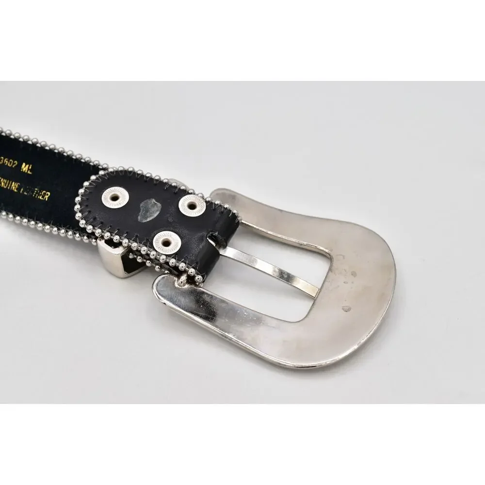 Black Genuine Leather Rhinestone Western Belt M/L Silver Studded Crystal Y2K